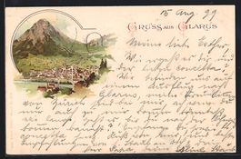 Litho Glarus, Teilansicht mit Berg, 1899