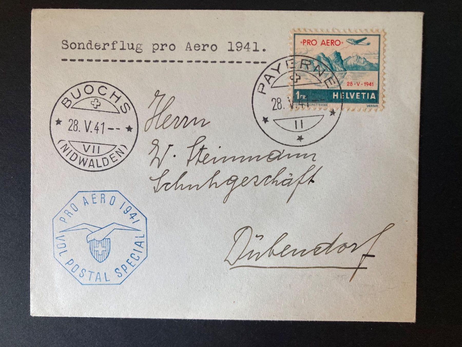 Tutti i francobolli: Pro Aero 1941 - Payerne - Buochs - 28.5.1941 – Usato da Orvin venduto da Pyaeschli