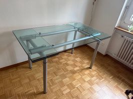 Glastisch 140-200 × 80 cm, graue Beine