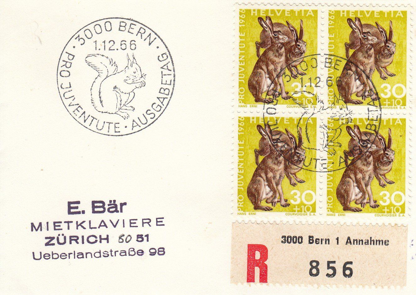Tutti i francobolli: 1966 Pro Juventute Feldhase FDC 4erBlock chargé Kleinformat – Usato da Spreitenbach venduto da Mustang_1105