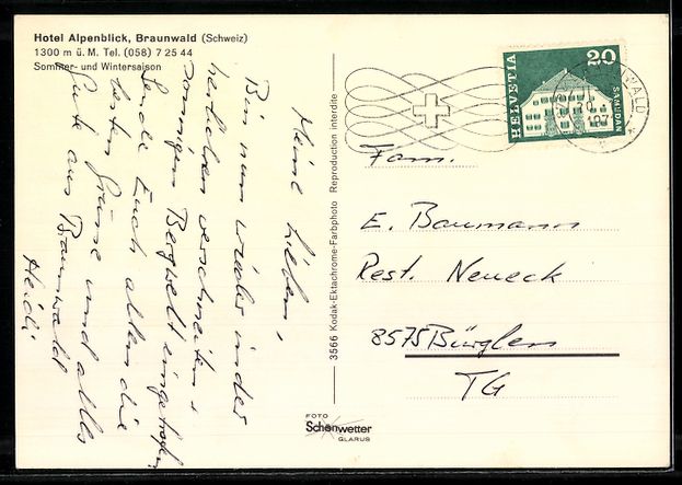 Cartoline postali: AK Braunwald, Hotel Alpenblick – Usato da Berlin venduto da bartko-reher 1