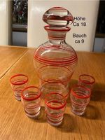 2)) 1 antik Karaffe+5 Likör Gläsern rot-weiss Spiralen-Optik