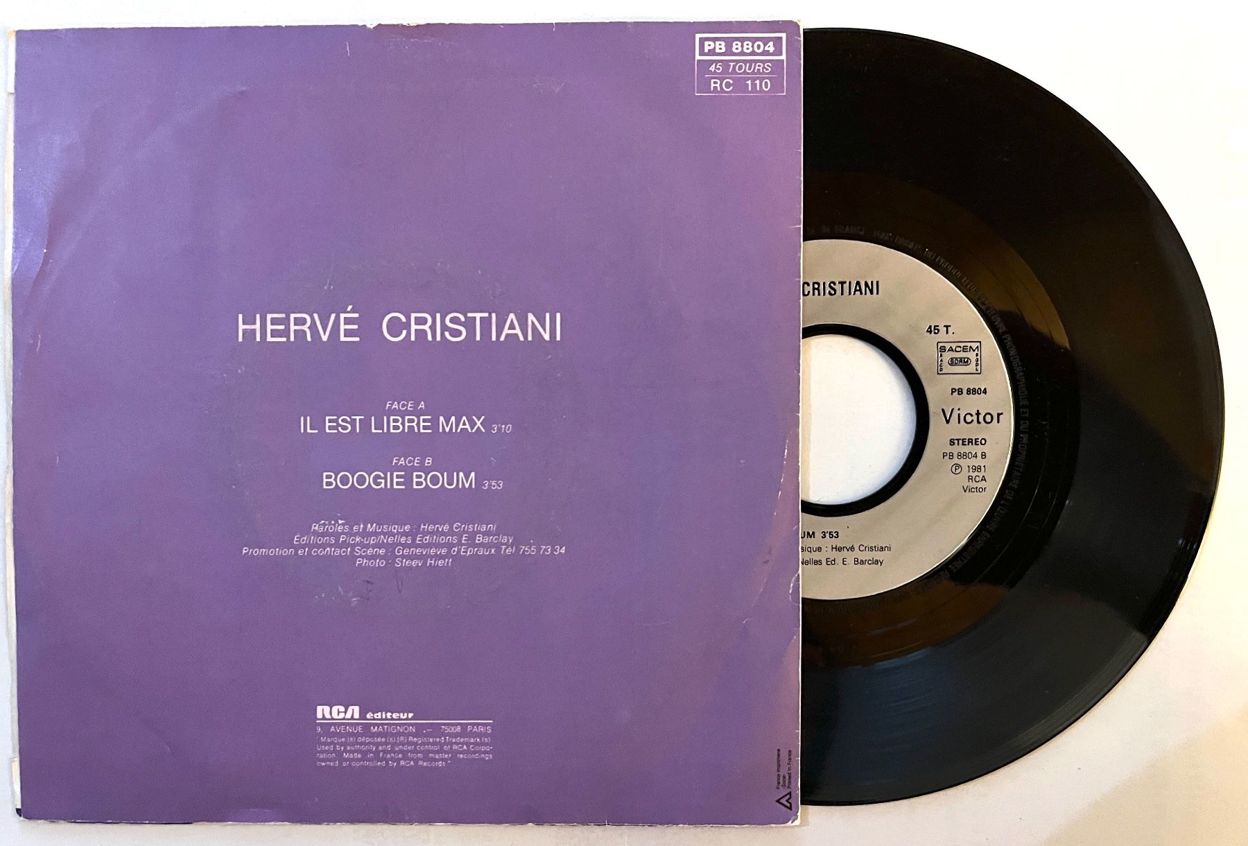 Dischi in vinile: 45t.  Ervé Cristiani-Il est libre Max/ boogie boum – Usato da Renan BE venduto da johncactus 1