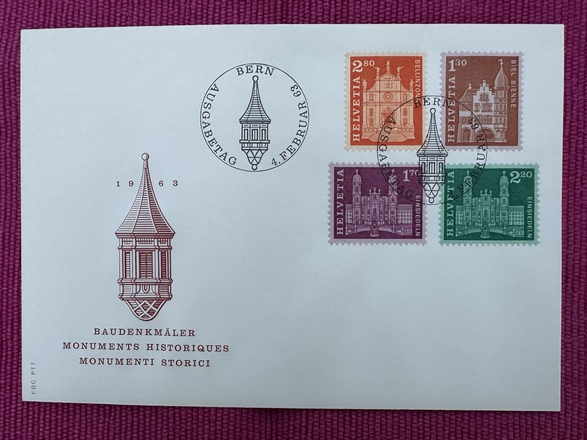 Tutti i francobolli: Schweiz - 1963 Erg. Baudenkmäler FDC Kw 55.-  – Usato da Schmitten / FR venduto da Samsara169