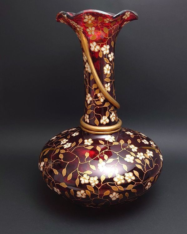 Zylindervase Bordeaux Handbemalt Mit Gold – Unikat Von Chris Nedwed, Wien