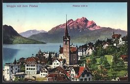 Weggis, Blick auf den Ort mit Kirche und