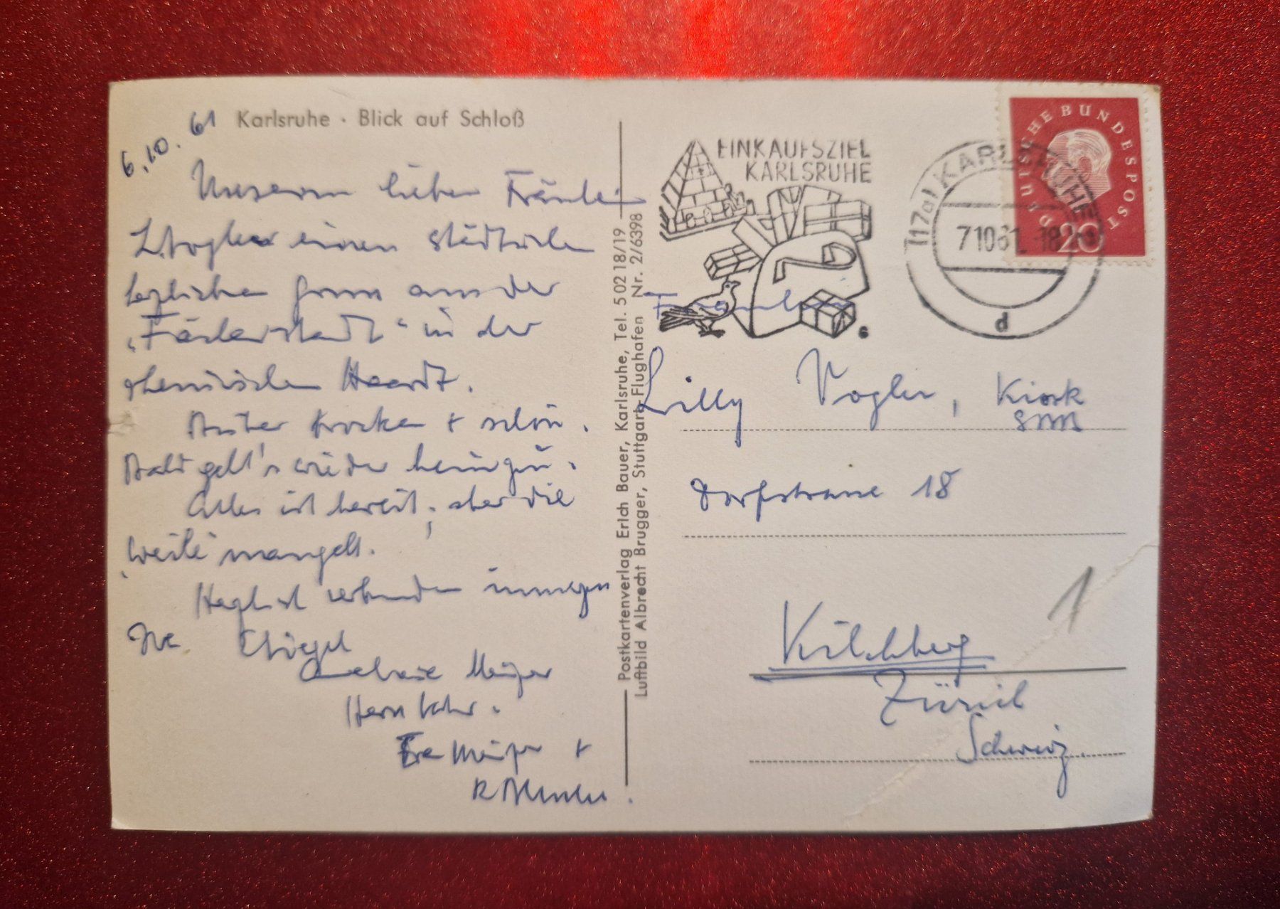 Ansichtskarten: Karlsruhe mit Blick auf Schloss 1961 – Gebraucht aus Melchnau von Fishel 1