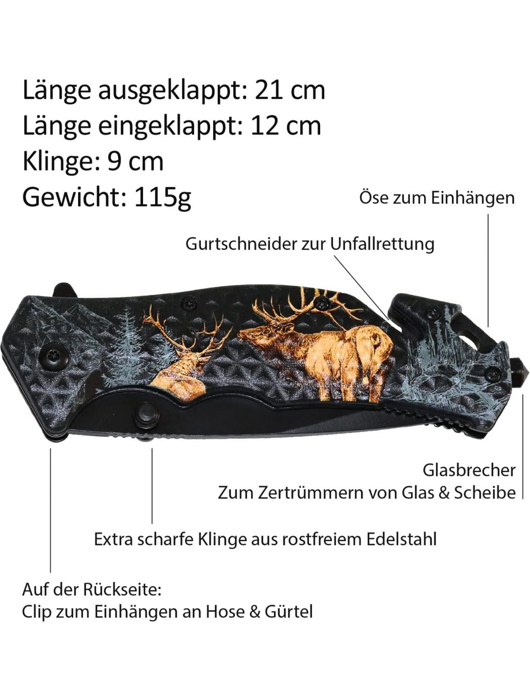 Accessori: Klappmesser  mit Hirschen, Edelstahl Klinge – Nuovo e nell'imballaggio originale da Basel venduto da Seifehuesli 1