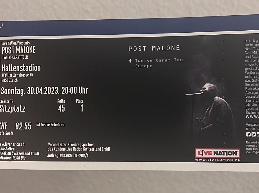 1x Post Malone: Twelve Carat Tour Ticket - Sitzplatz | Kaufen auf Ricardo