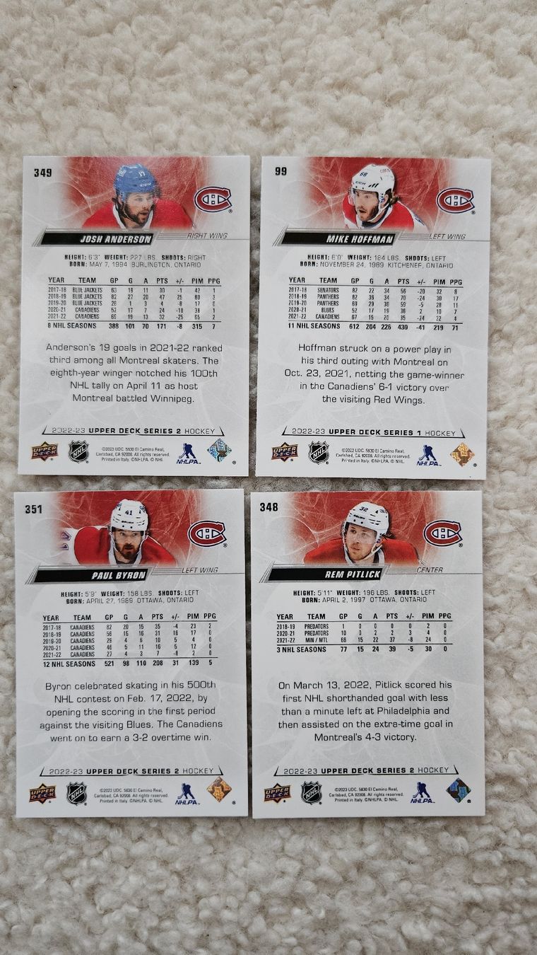 NHL Carte collezionabili: 4 cards CANADIENS -PITLICK,BYRON,HOFFMAN,ANDERSON – Nuovo (secondo la descrizione) da Boltigen venduto da Calagero 1