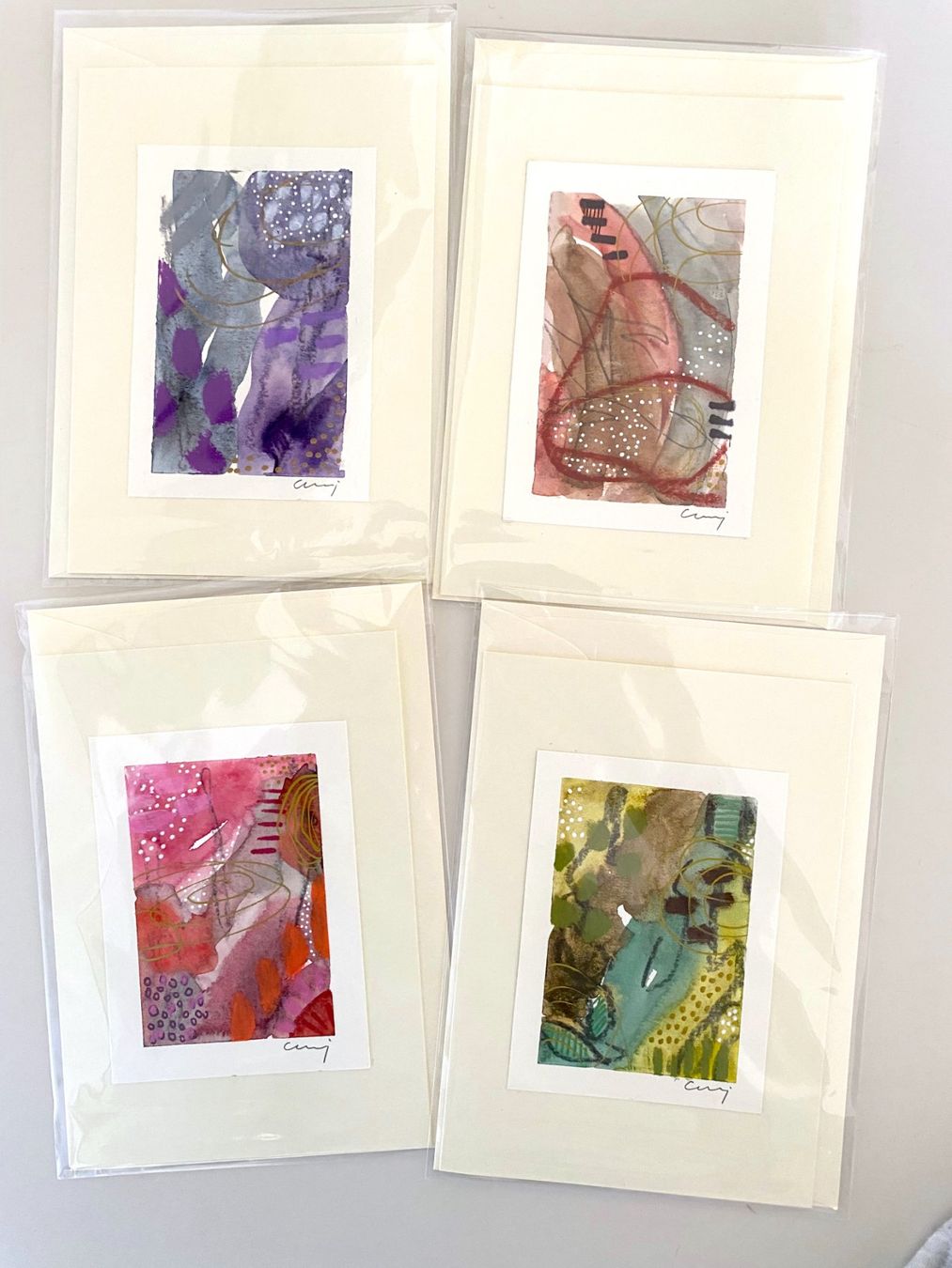 Karten: 4-er Set Aquarell-Kunstkarten, handgemalt, Grusskarten – Neu und originalverpackt aus Fanas von Omibia 5
