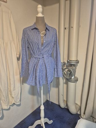 Bluse Opus gestreift mit Bindegurt blau Grösse 40