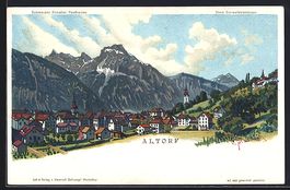 Litho Altdorf, Teilansicht mit Bergen