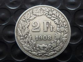 2 Fr. 1908  Auflage nur 0,20 Mio. Prägungen  -  Ungereinigt