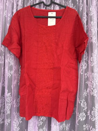Damen Leinen Bluse/Shirt  Rot Grösse L mit Stickerei neu