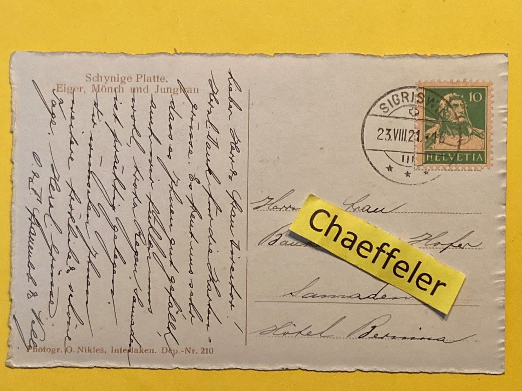 Ansichtskarten: 1921 Schynige Platte. Eiger, Mönch und Jungfrau – Gebraucht aus Zürich von Chaeffeler 1