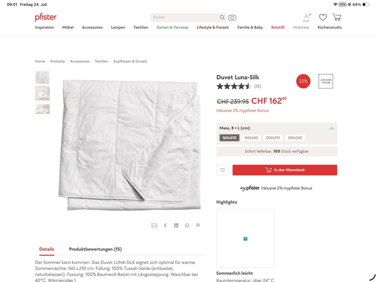 Jako-O Coperte: Sommer Duvet Seide  – Nuovo e nell'imballaggio originale da St. Gallen venduto da Lenox1234