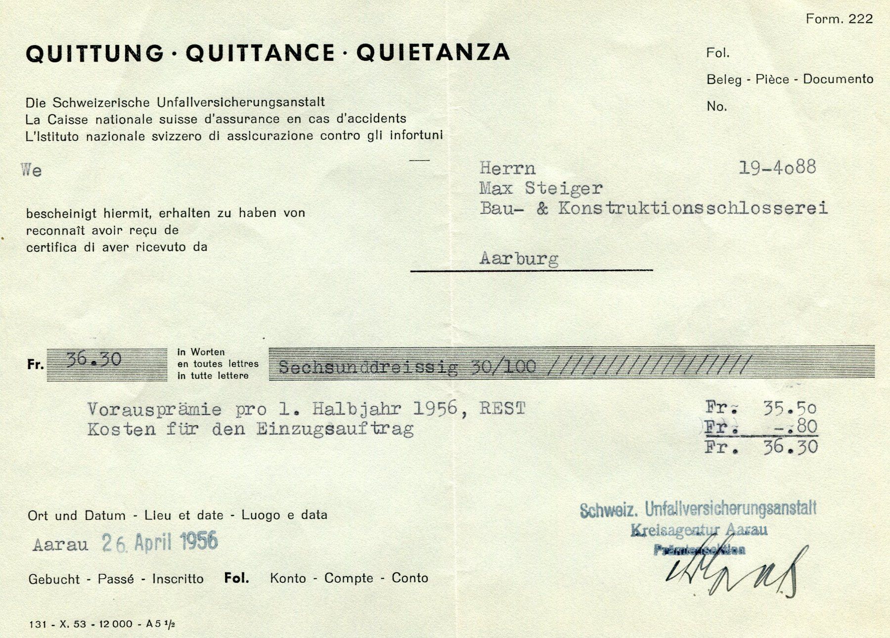 Tutti i francobolli: Einzugsauftrag Aarau 1956 - Absender: Schweiz. Unfallvers. – Usato da Opfikon venduto da Prophila 1