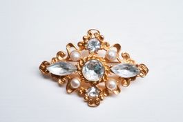Vintage Brosche Strass klar & Perlen goldfarben Barock-Stil