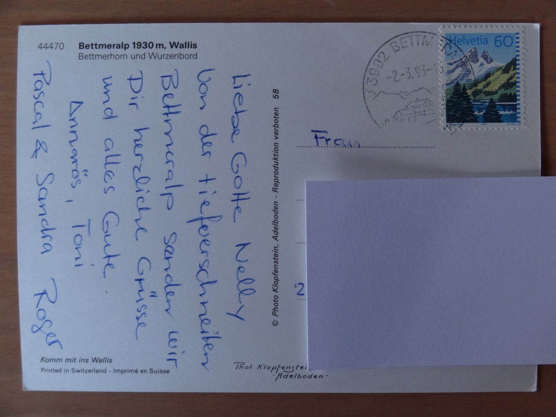 Cartoline postali: Bettmeralp - 1993 – Usato da St Léonard venduto da Riglin 1