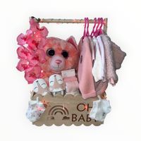 Baby Geschenkset Holzkorb Kleidung Plüschtier rosa
