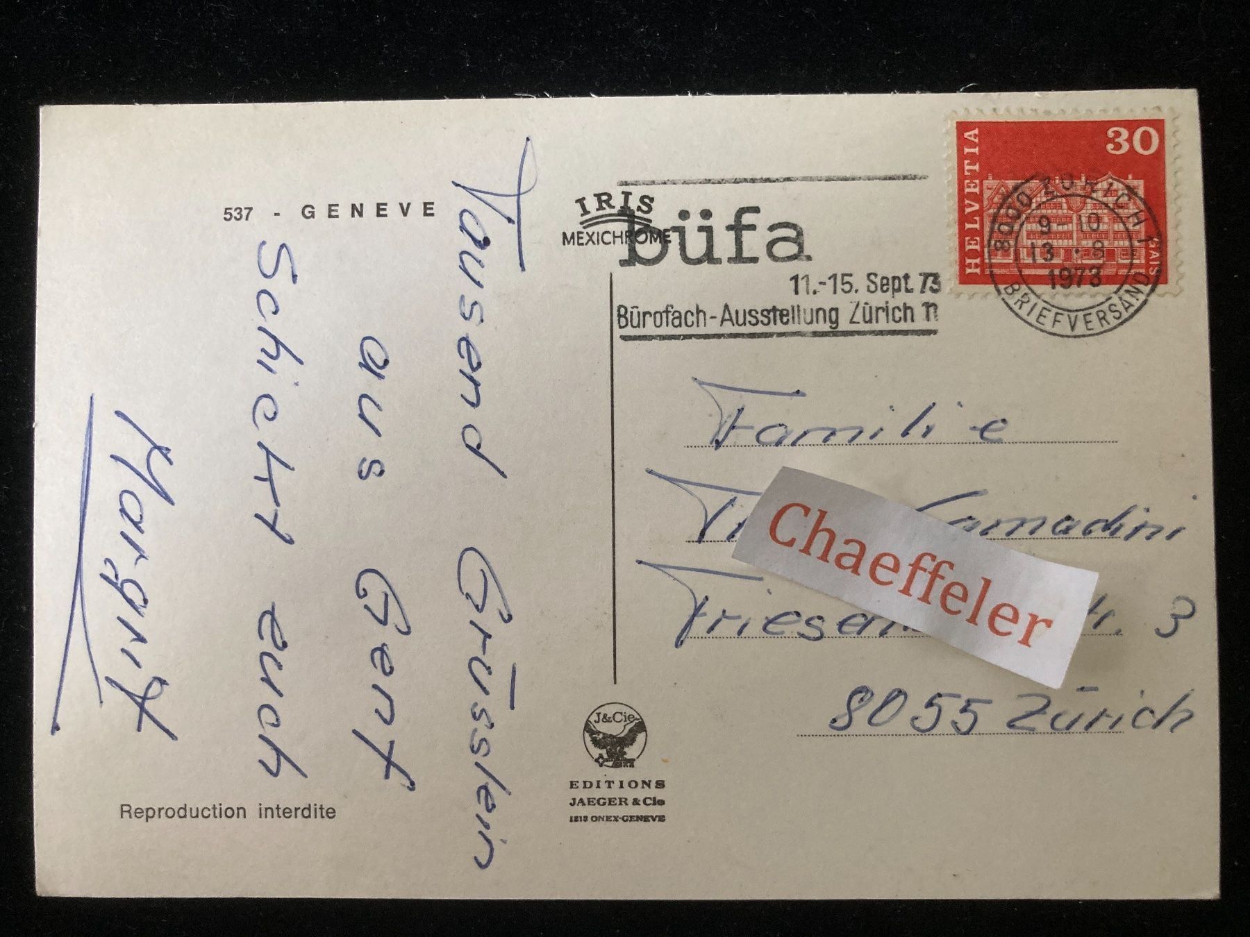 Cartes postales: 1973  GENÈVE – D'occasion à Zürich par Chaeffeler 1