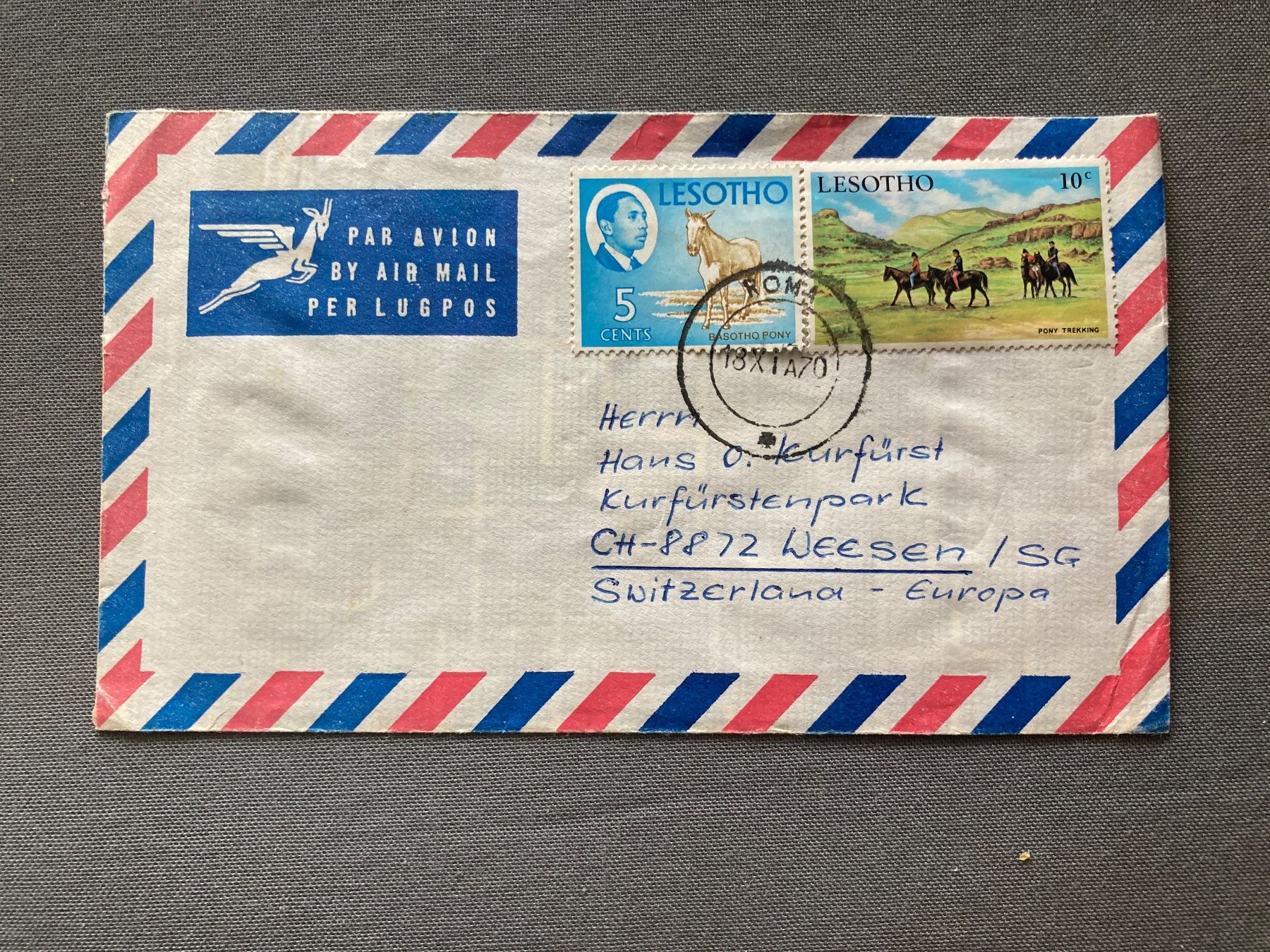 Tutti i francobolli: Briefumschlag Lesotho mit Marke und Stempel Luftpost – Usato da Zürich venduto da mik_h9ty