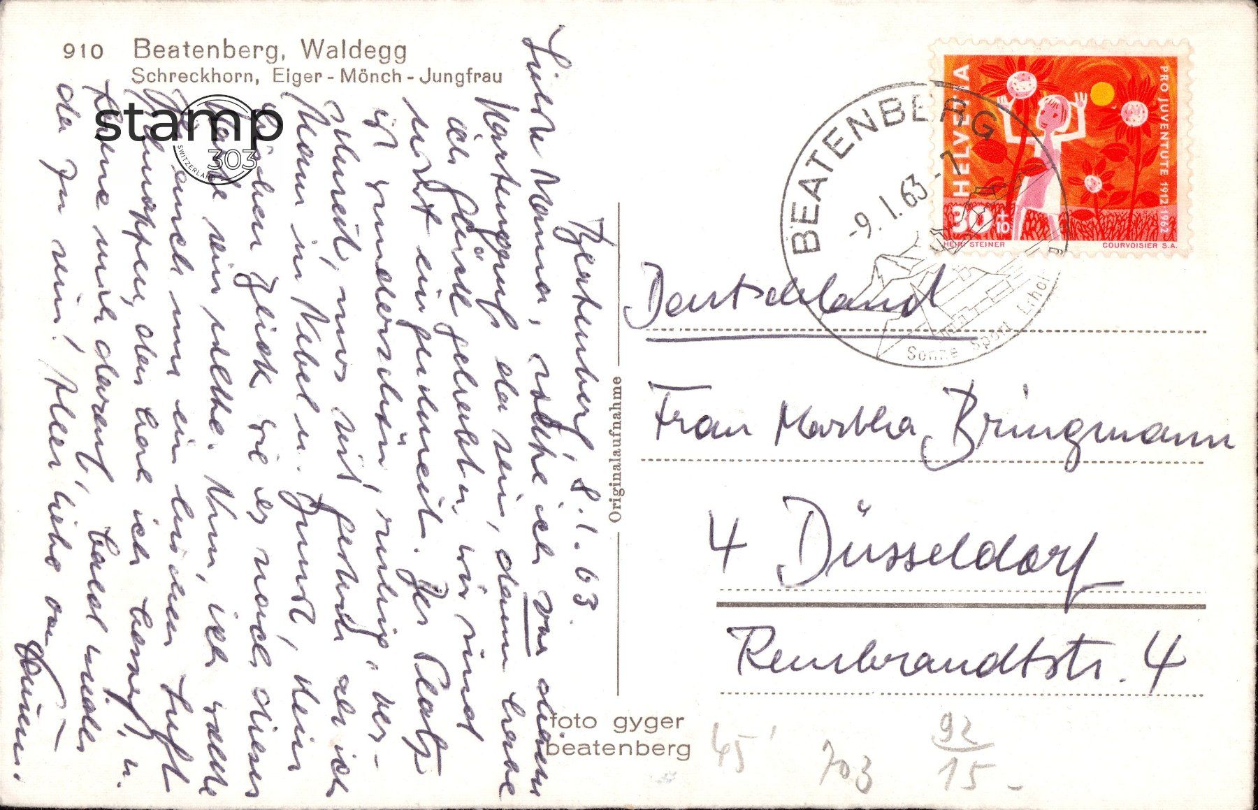 Cartoline postali: 1963 AK Beatenberg _Waldegg-Schreckhorn-Eiger-Mönch-Jungfrau – Usato da Eggersriet venduto da stamp303 1