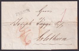 1825 ZÜRICH ZH Vorphilatelie Brief nach SOLOTHURN SO