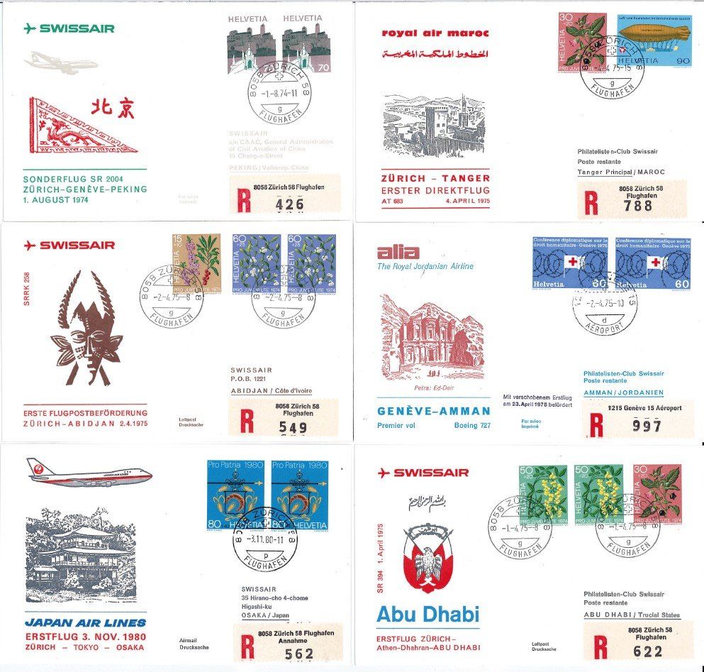Alle Briefmarken: 10 R-Flugbriefe ab Zürich oder Genf – Gebraucht aus Bellach von qsearch 1