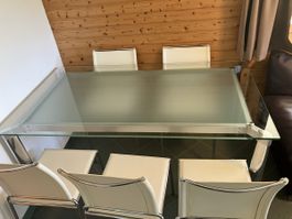 Dining Table and 5 Chairs set, glass top, metal frame