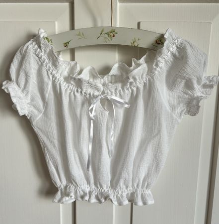 White blouse, off-shoulder, ribbon, size Small.