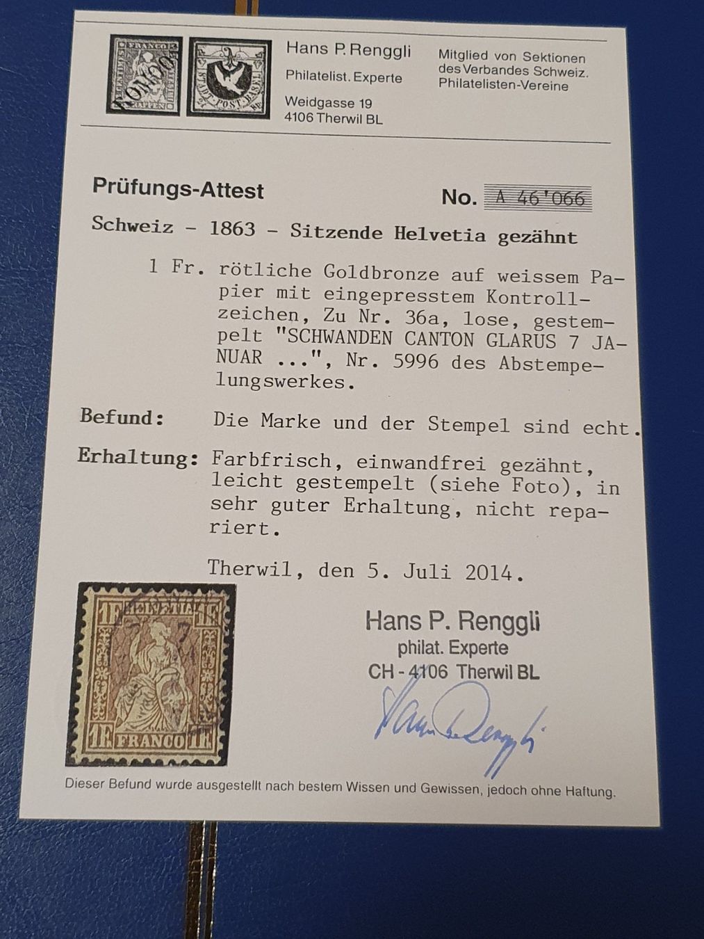 Alle Briefmarken: 36a Goldbronze rötlich Kat. 600 mit Attest – Gebraucht aus Balgach von SIMEON27 2