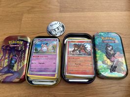 2 Originelle Pokemon Büchsen mit 1 Münze und viele Karten