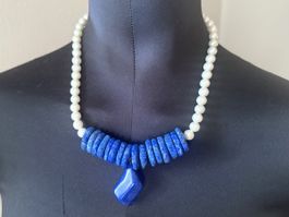 Unikat 💎 Neue Halskette mit Lapislazuli und Süßwasserperlen
