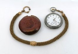 Omega Lépine Taschenuhr Silber Jäger-Motiv Haarkette & Etui
