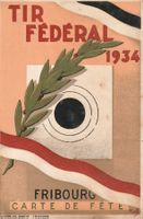 Fribourg-Schützen-Karte1934-Litho -Künstlerkarte sign.Caille
