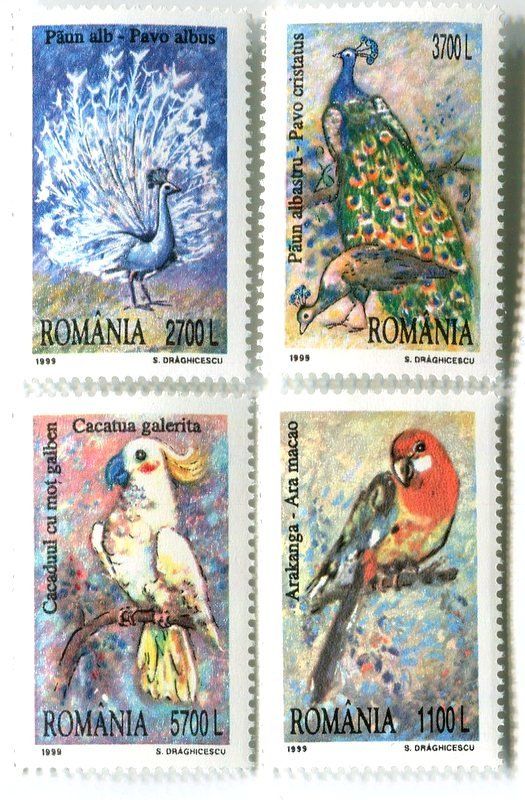 Tutti i francobolli: Briefmarken "Papageien & Blaue Pfau". Rumänien – Nuovo e nell'imballaggio originale da Basel venduto da Butsch5