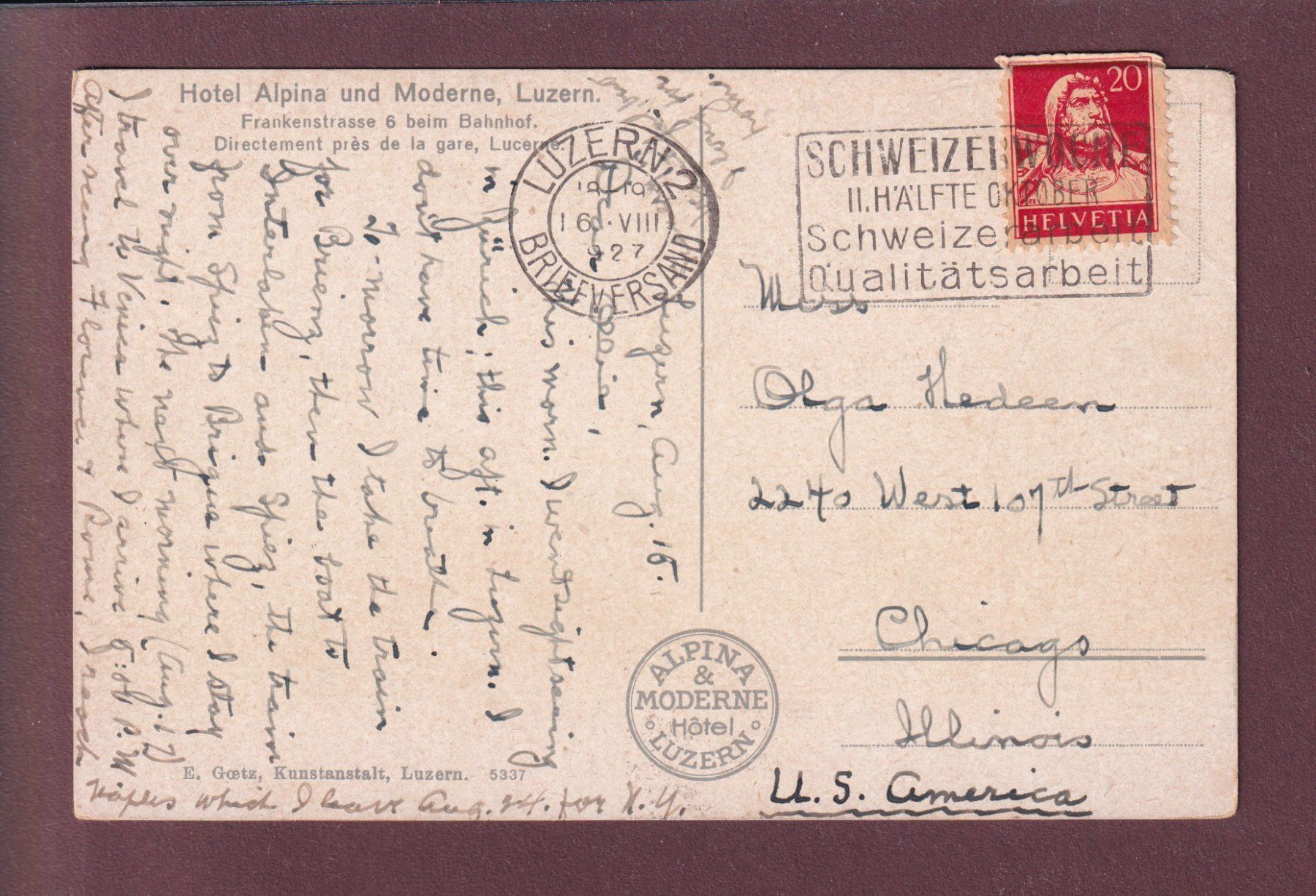 Cartoline postali: LUZERN - Hotel Alpina und Moderne - 1927 // Eckbug // – Usato da Pully venduto da nicecards 1
