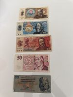 Banknoten Tschechoslowakei 10, 20, 50, 50, 20 Kronen