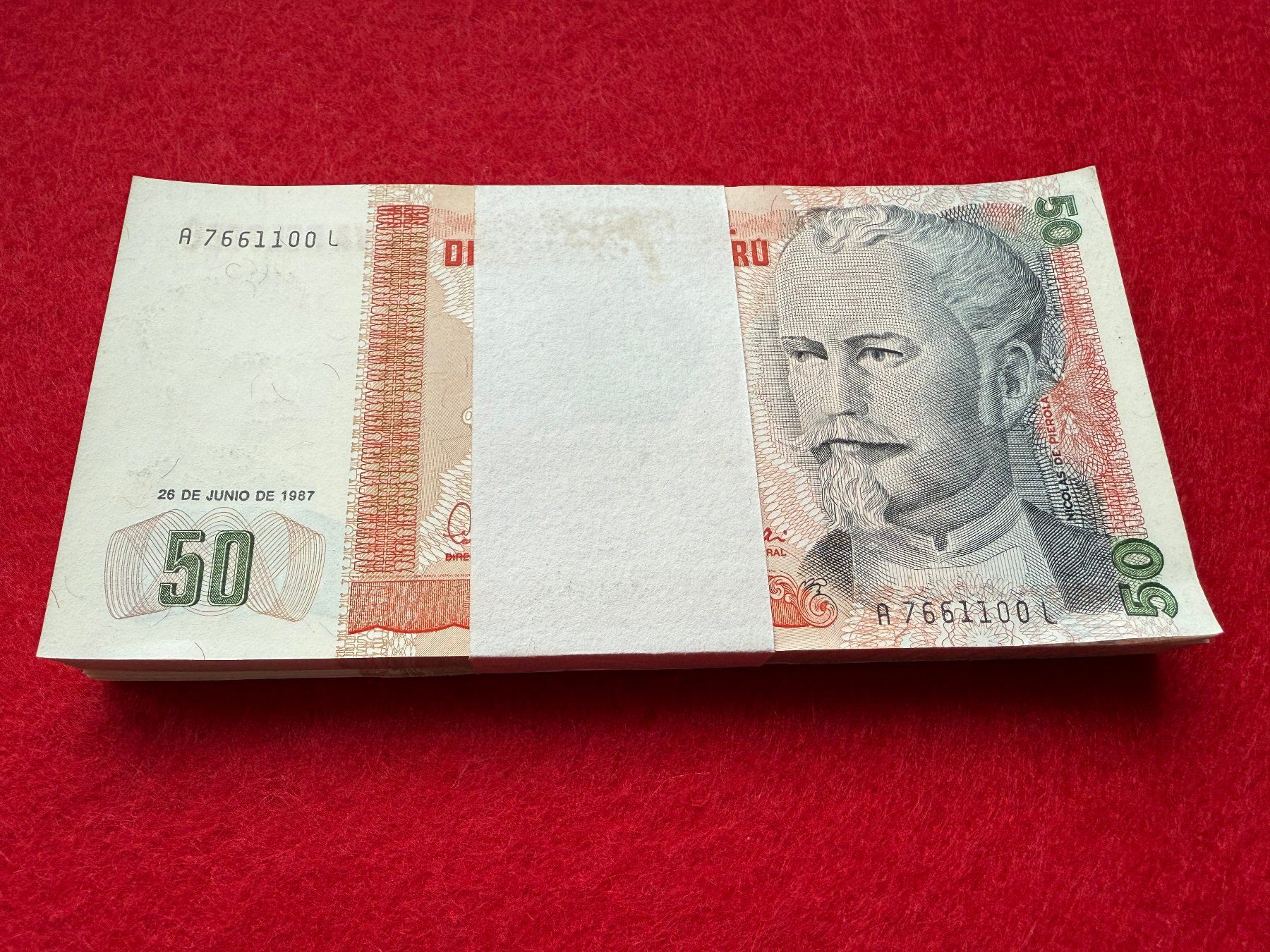 Banconote: Peru 1987 - Bündel - 100 x 50 Intis aUNC – Nuovo (secondo la descrizione) da Pfäffikon SZ venduto da Sieben77 1