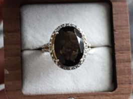 Bague Argent 925 Plaqué Or & Quartz Fumé!