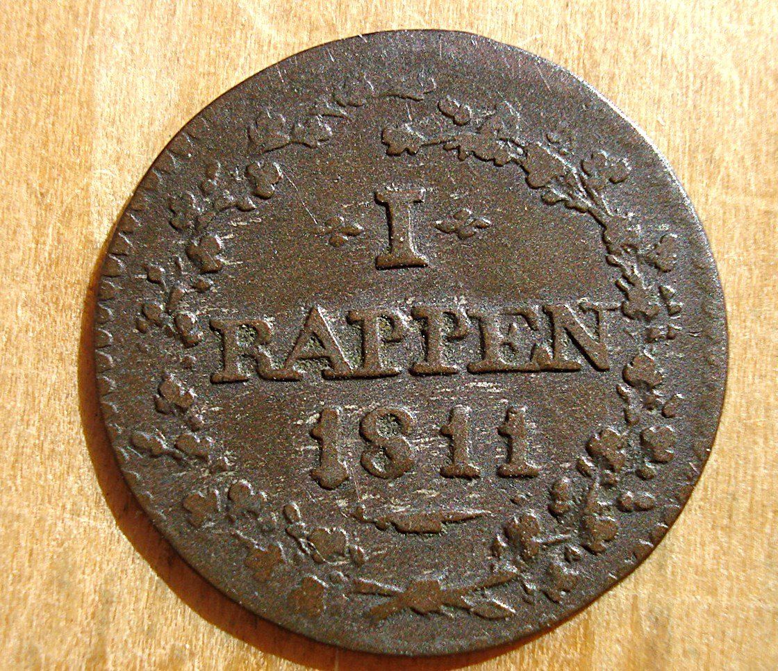 Alle Münzen: (D3) Aargau 1 Rappen 1811 – Gebraucht aus Erlach von Net-Coins