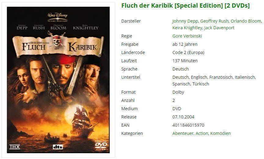 Tutti i DVDs: Fluch der Karibik [2 DVDs] – Usato da Buchrain venduto da Sssschaller