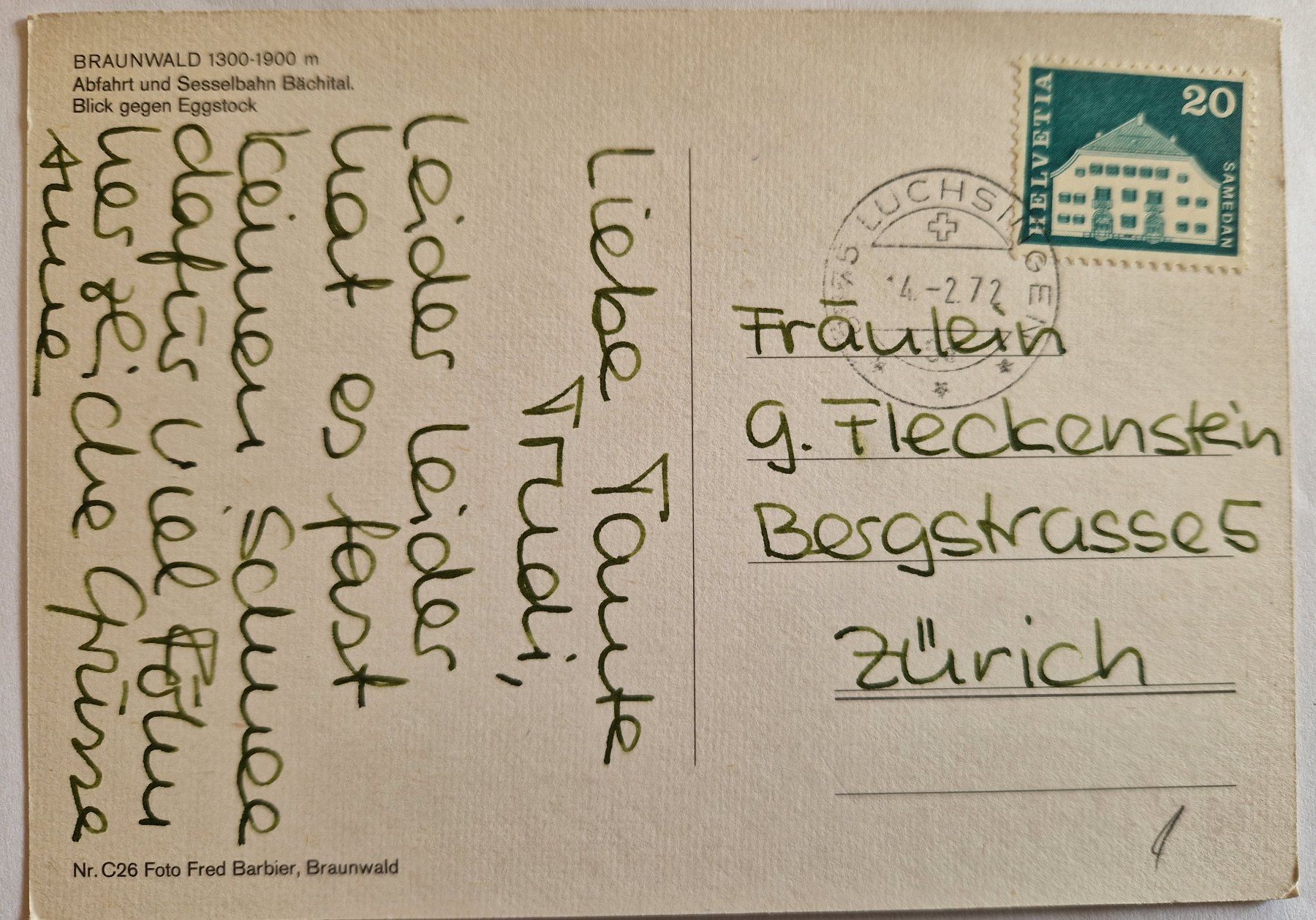Cartoline postali: Braunwald 1972 – Usato da Melchnau venduto da Fishel 1