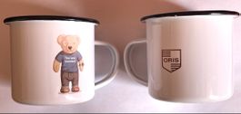 Oris - Email-Tasse, 2 Stk. weiss mit Teddybär,9 cm #, 8 hoch