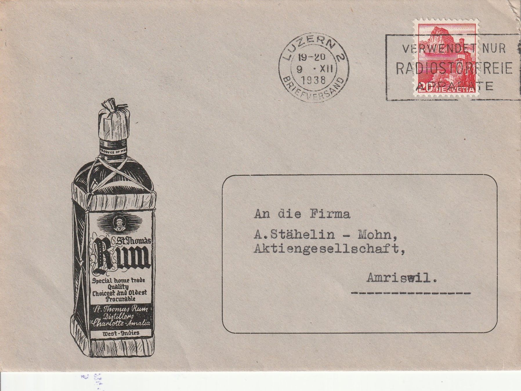 Tutti i francobolli: Brief mit Reklame Rum - Luzern 1938 – Usato da uttwil venduto da Koehlerfred