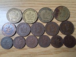 Deutschland 1, 2, 10 Pfennig 1949/70 - Lot 15 Stück!