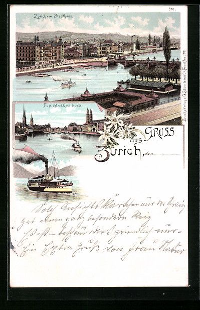 Cartoline postali: Litho Zürich, Ortsansicht vom Stadthaus – Usato da Berlin venduto da bartko-reher