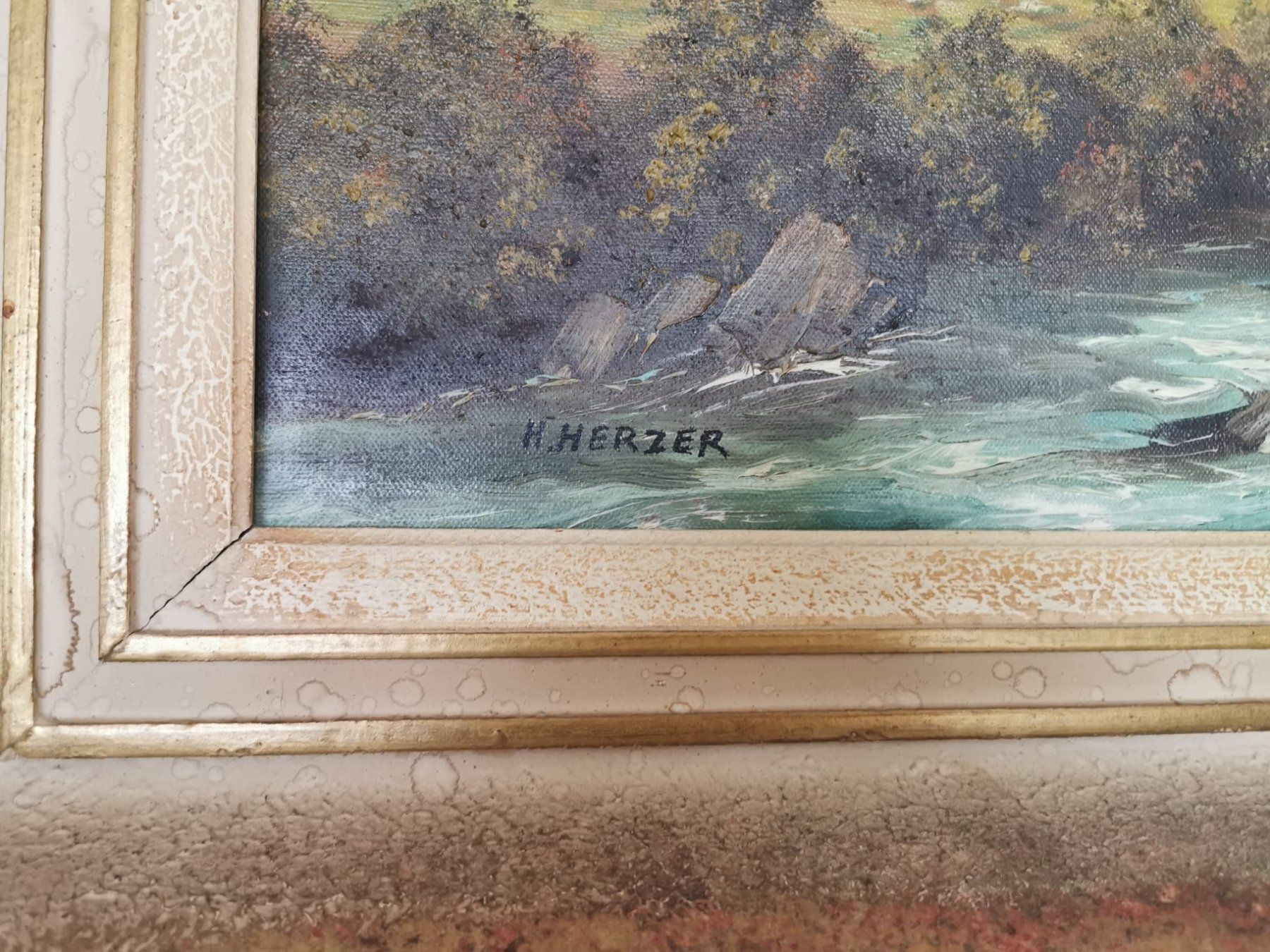 Dipinti: Berglandschaft mit Fluss, H. Herzer Ölgemälde – Usato da Strengelbach venduto da Ptahiti 1